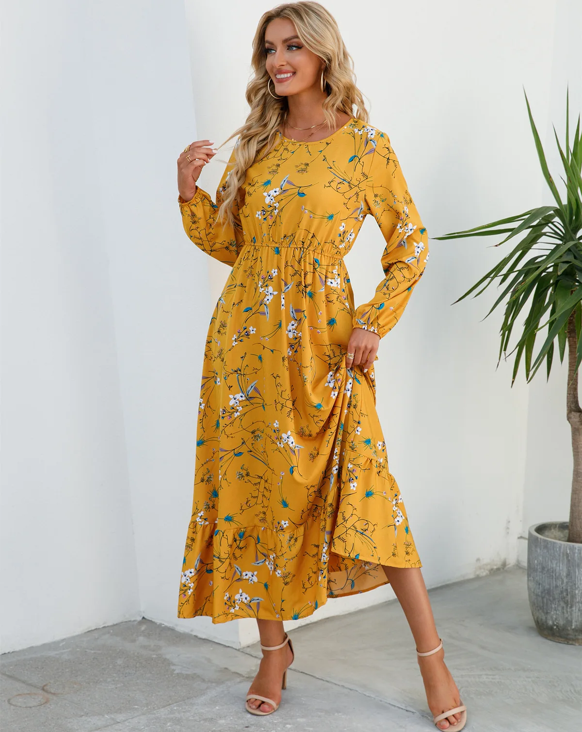 Women Eid Muslim Dresses Tight Waist O Neck Ruffles Spliced Casual Vestidos Flowers Dress Dubai Kaftan Islam Morocco Arab