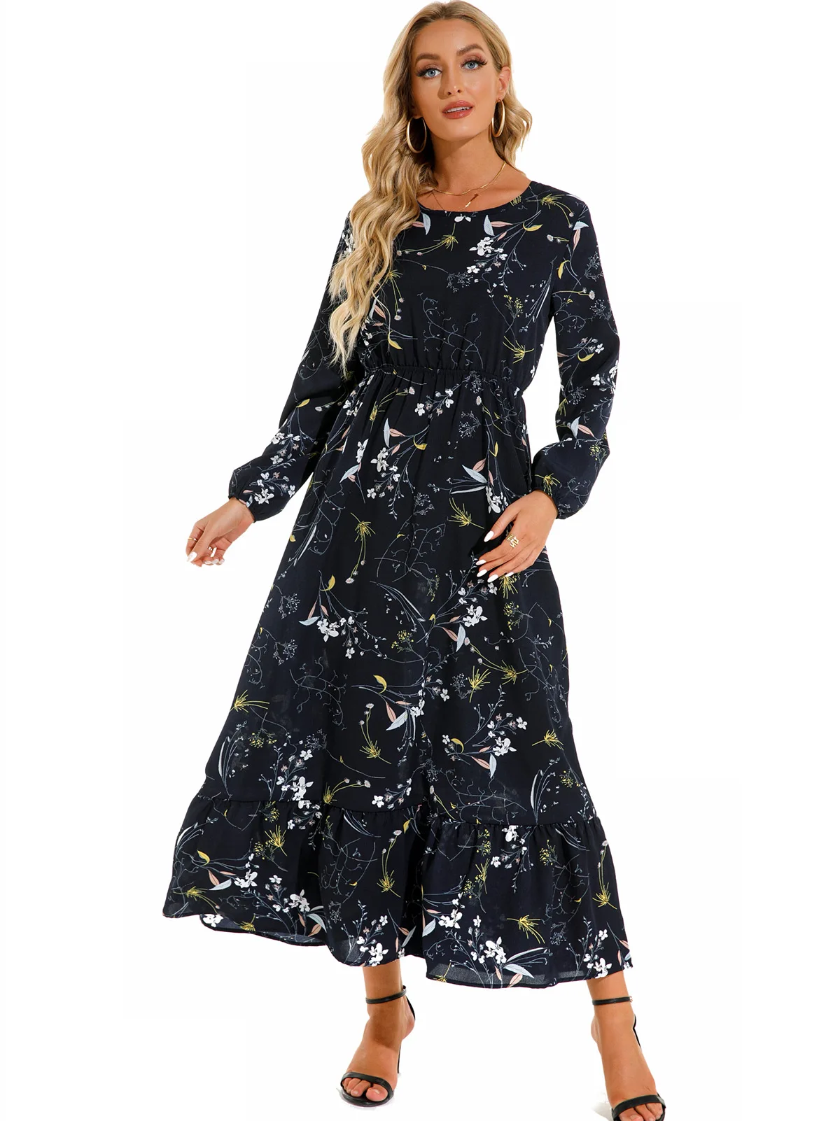 Women Eid Muslim Dresses Tight Waist O Neck Ruffles Spliced Casual Vestidos Flowers Dress Dubai Kaftan Islam Morocco Arab