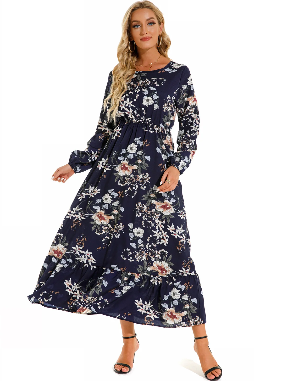 Women Eid Muslim Dresses Tight Waist O Neck Ruffles Spliced Casual Vestidos Flowers Dress Dubai Kaftan Islam Morocco Arab