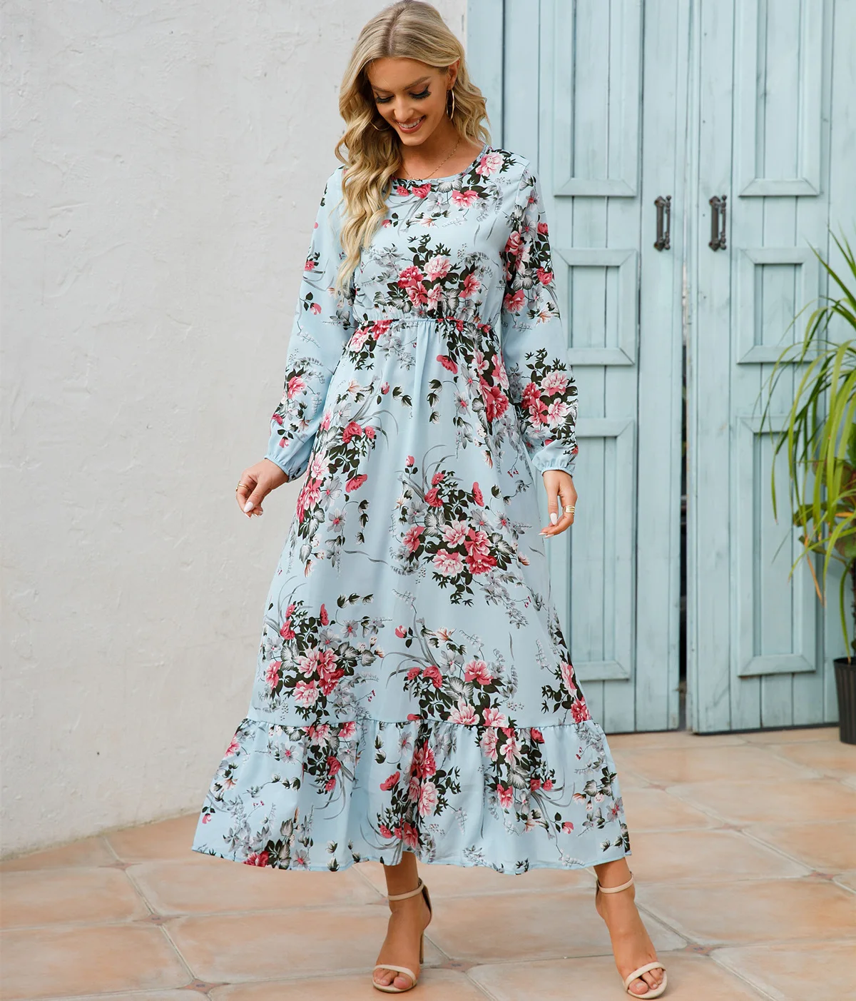 Women Eid Muslim Dresses Tight Waist O Neck Ruffles Spliced Casual Vestidos Flowers Dress Dubai Kaftan Islam Morocco Arab