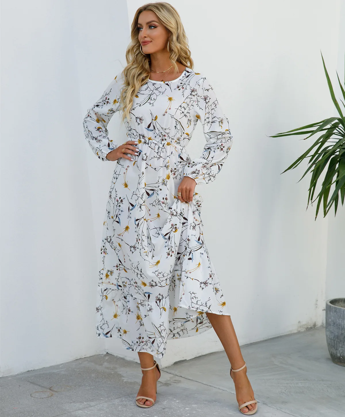 Women Eid Muslim Dresses Tight Waist O Neck Ruffles Spliced Casual Vestidos Flowers Dress Dubai Kaftan Islam Morocco Arab