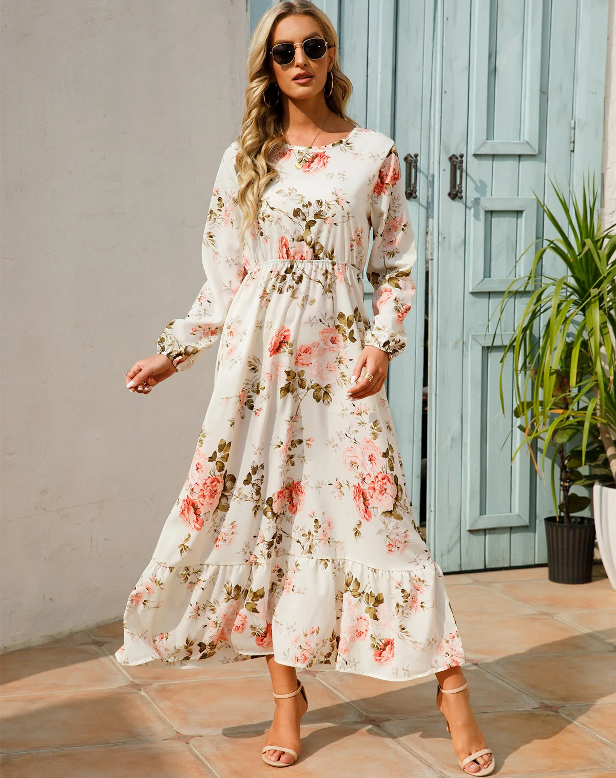 Women Eid Muslim Dresses Tight Waist O Neck Ruffles Spliced Casual Vestidos Flowers Dress Dubai Kaftan Islam Morocco Arab