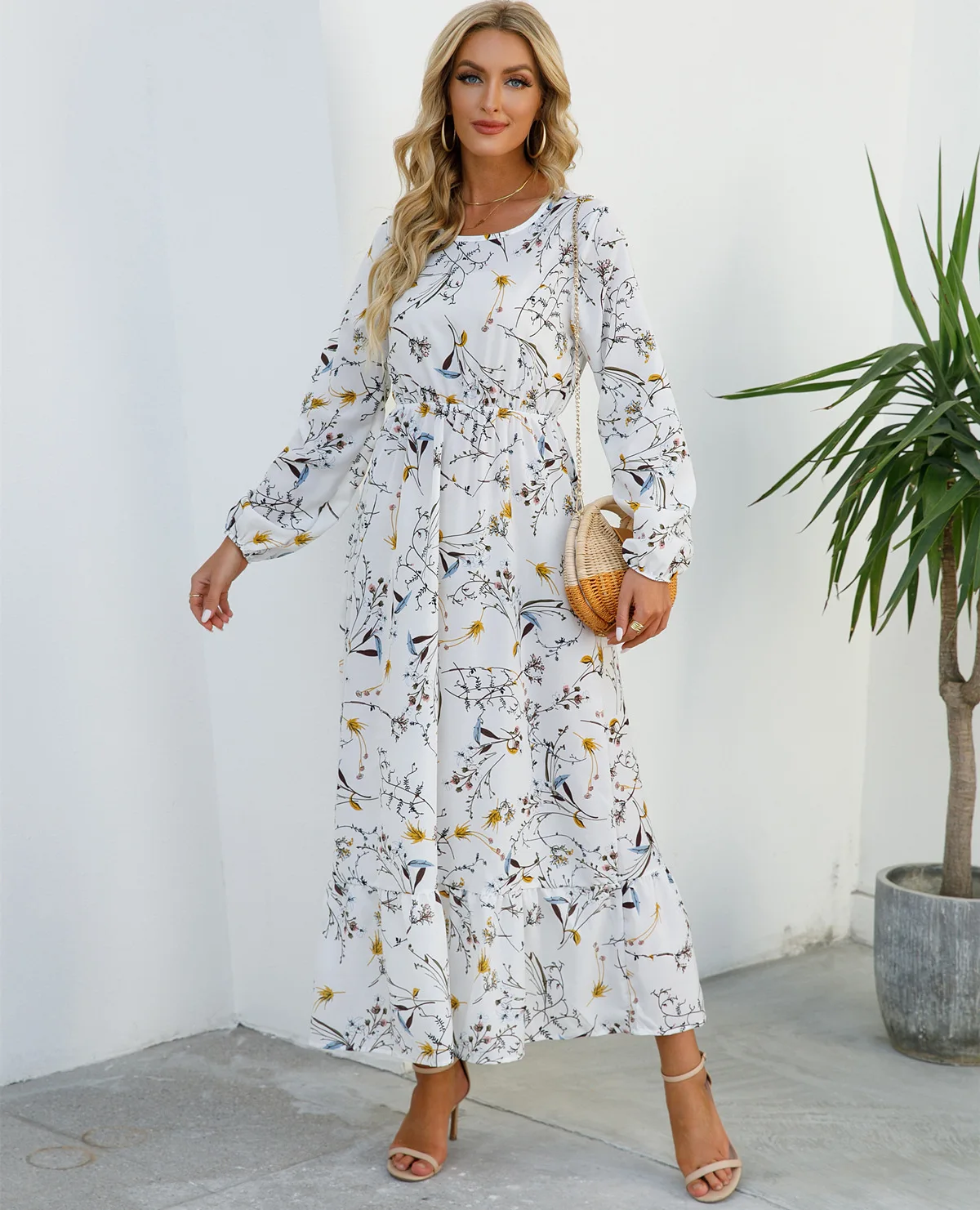 Women Eid Muslim Dresses Tight Waist O Neck Ruffles Spliced Casual Vestidos Flowers Dress Dubai Kaftan Islam Morocco Arab