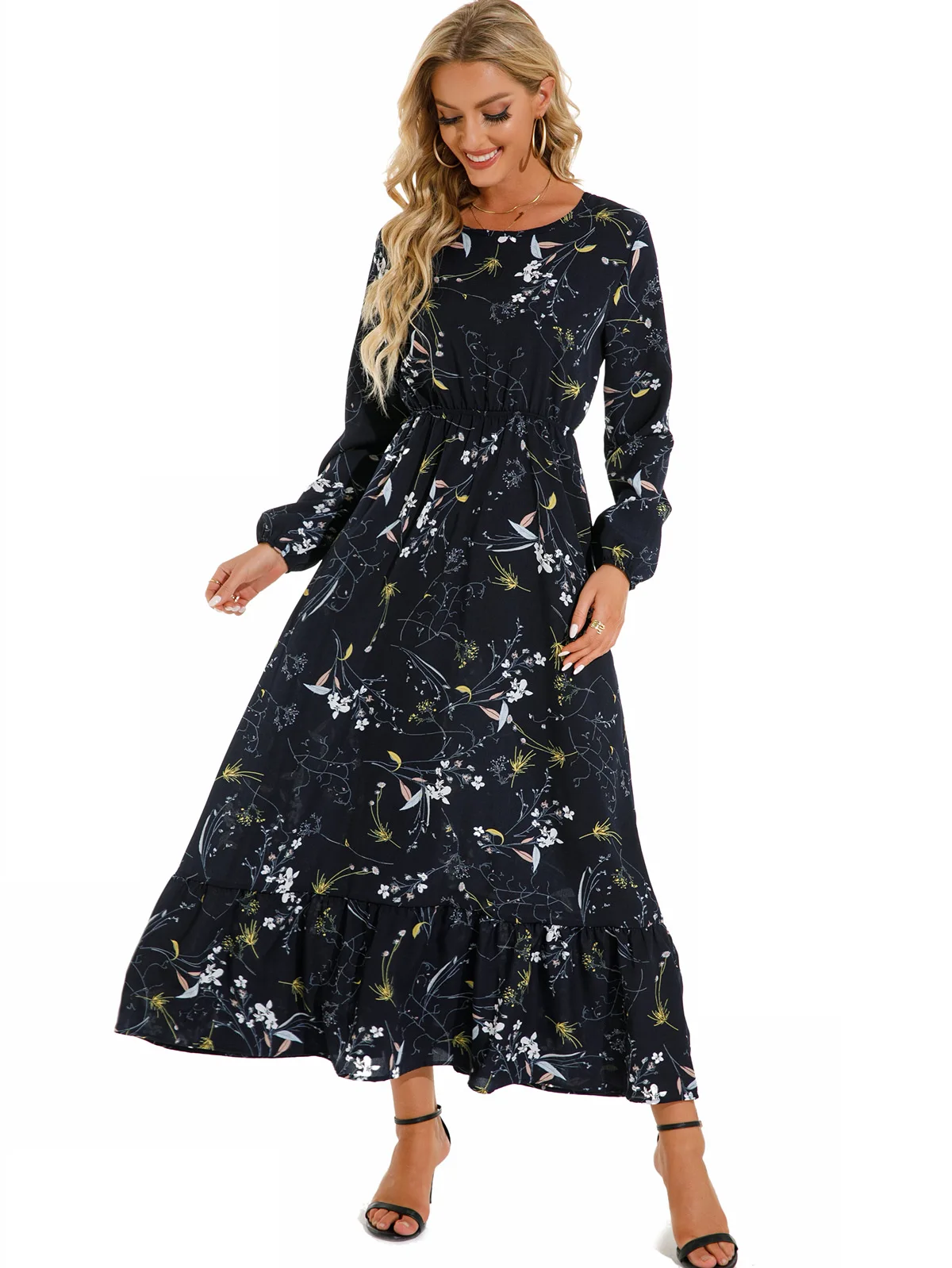 Women Eid Muslim Dresses Tight Waist O Neck Ruffles Spliced Casual Vestidos Flowers Dress Dubai Kaftan Islam Morocco Arab