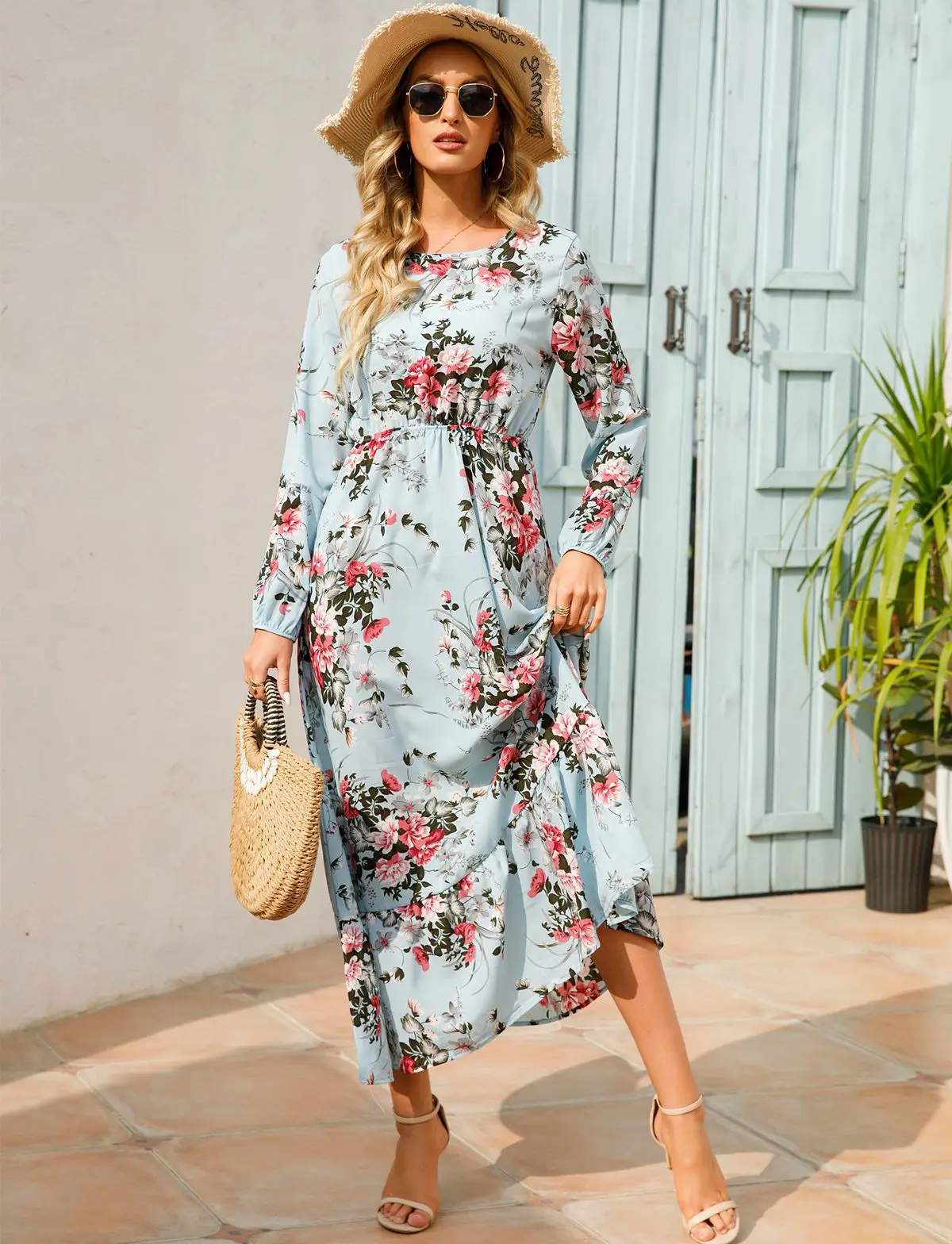 Women Eid Muslim Dresses Tight Waist O Neck Ruffles Spliced Casual Vestidos Flowers Dress Dubai Kaftan Islam Morocco Arab