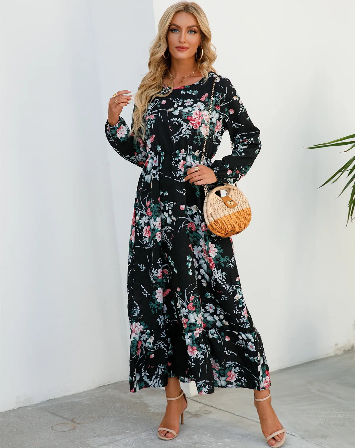 Women Eid Muslim Dresses Tight Waist O Neck Ruffles Spliced Casual Vestidos Flowers Dress Dubai Kaftan Islam Morocco Arab