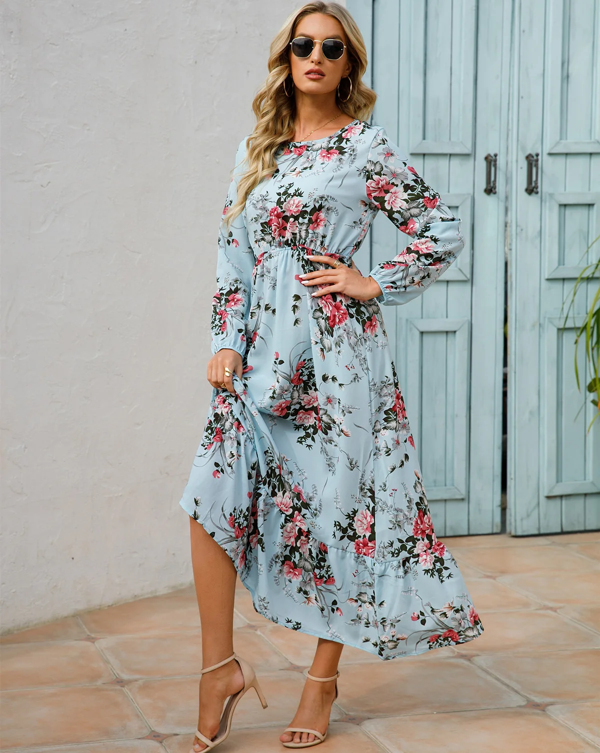 Women Eid Muslim Dresses Tight Waist O Neck Ruffles Spliced Casual Vestidos Flowers Dress Dubai Kaftan Islam Morocco Arab