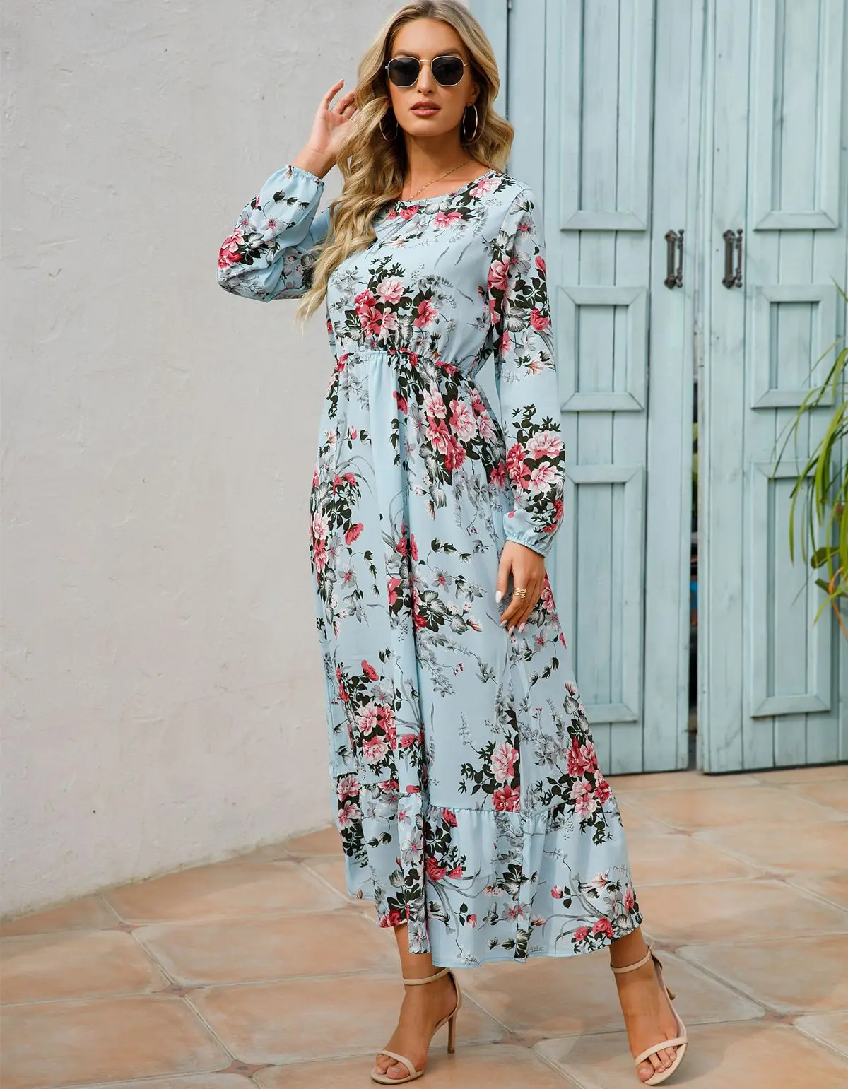 Women Eid Muslim Dresses Tight Waist O Neck Ruffles Spliced Casual Vestidos Flowers Dress Dubai Kaftan Islam Morocco Arab