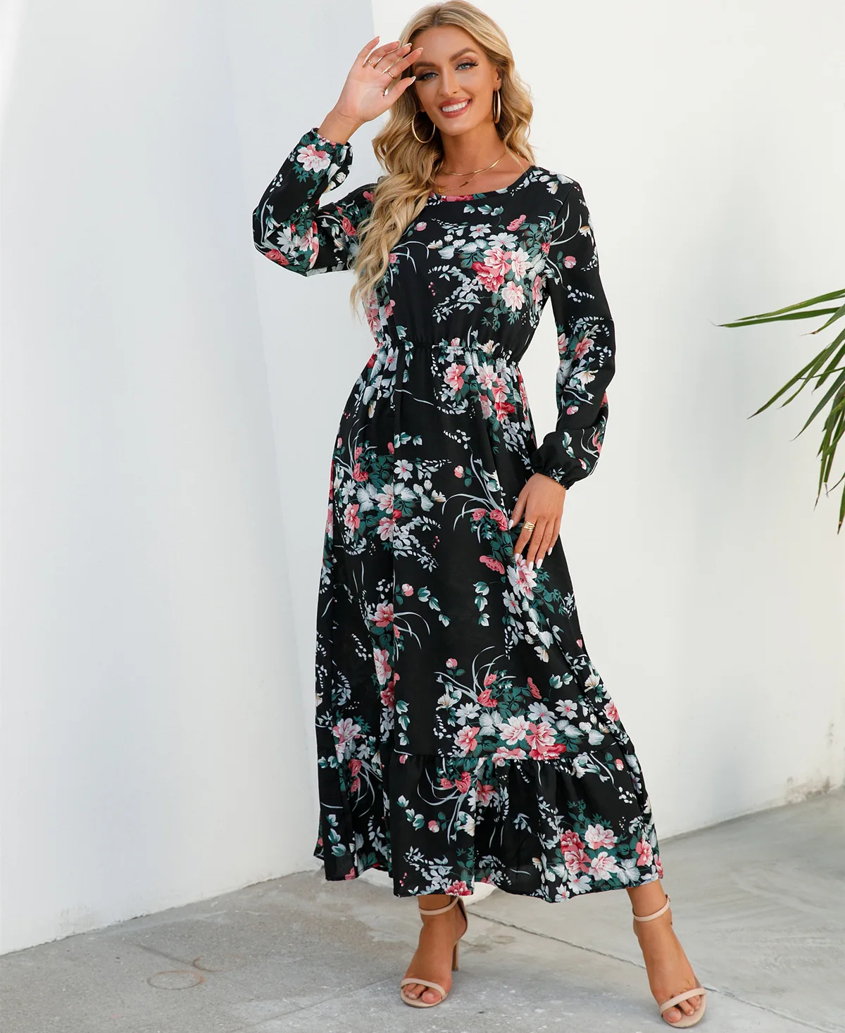 Women Eid Muslim Dresses Tight Waist O Neck Ruffles Spliced Casual Vestidos Flowers Dress Dubai Kaftan Islam Morocco Arab