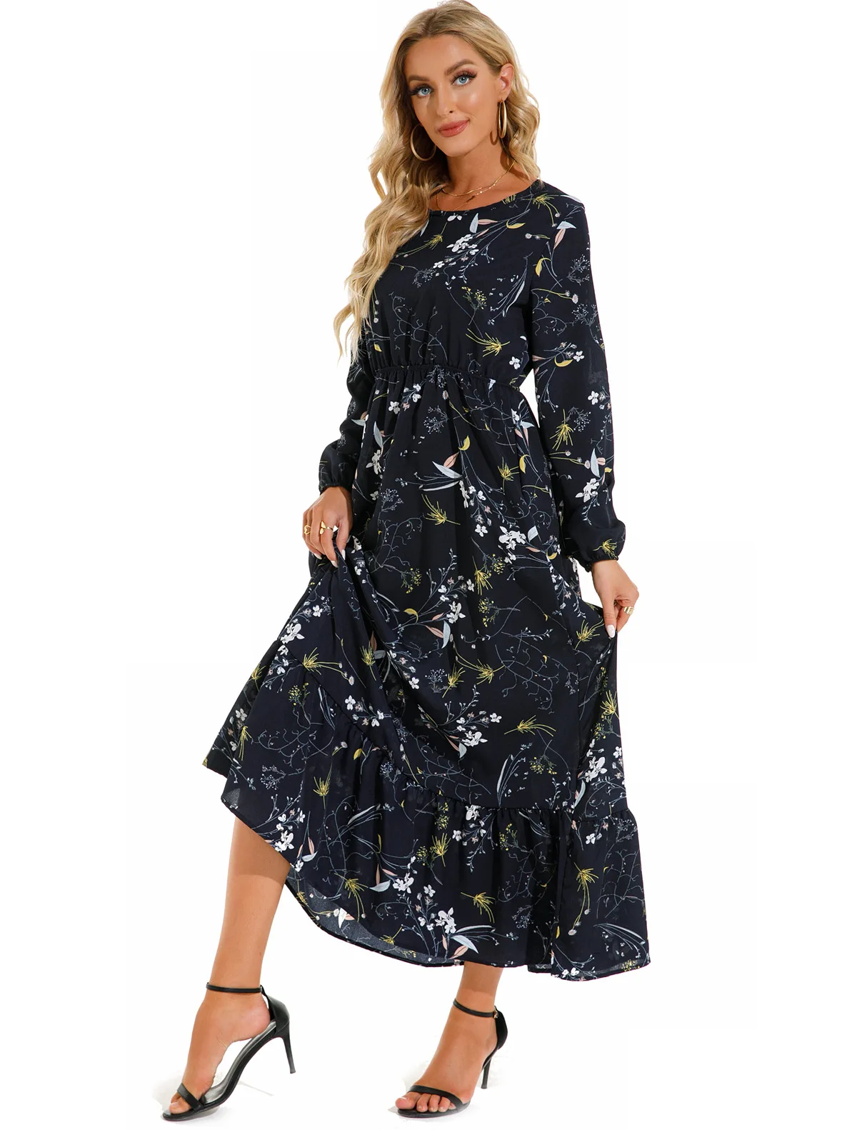 Women Eid Muslim Dresses Tight Waist O Neck Ruffles Spliced Casual Vestidos Flowers Dress Dubai Kaftan Islam Morocco Arab