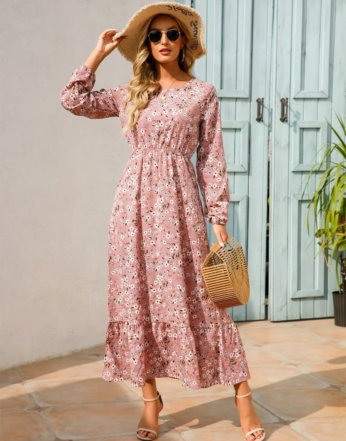 Women Eid Muslim Dresses Tight Waist O Neck Ruffles Spliced Casual Vestidos Flowers Dress Dubai Kaftan Islam Morocco Arab