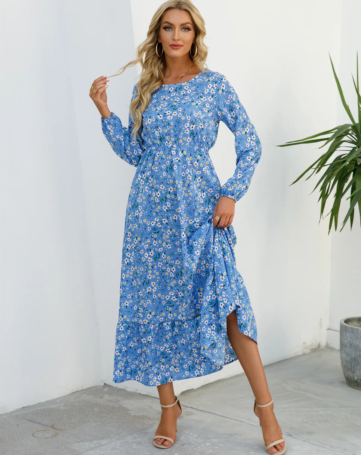 Women Eid Muslim Dresses Tight Waist O Neck Ruffles Spliced Casual Vestidos Flowers Dress Dubai Kaftan Islam Morocco Arab