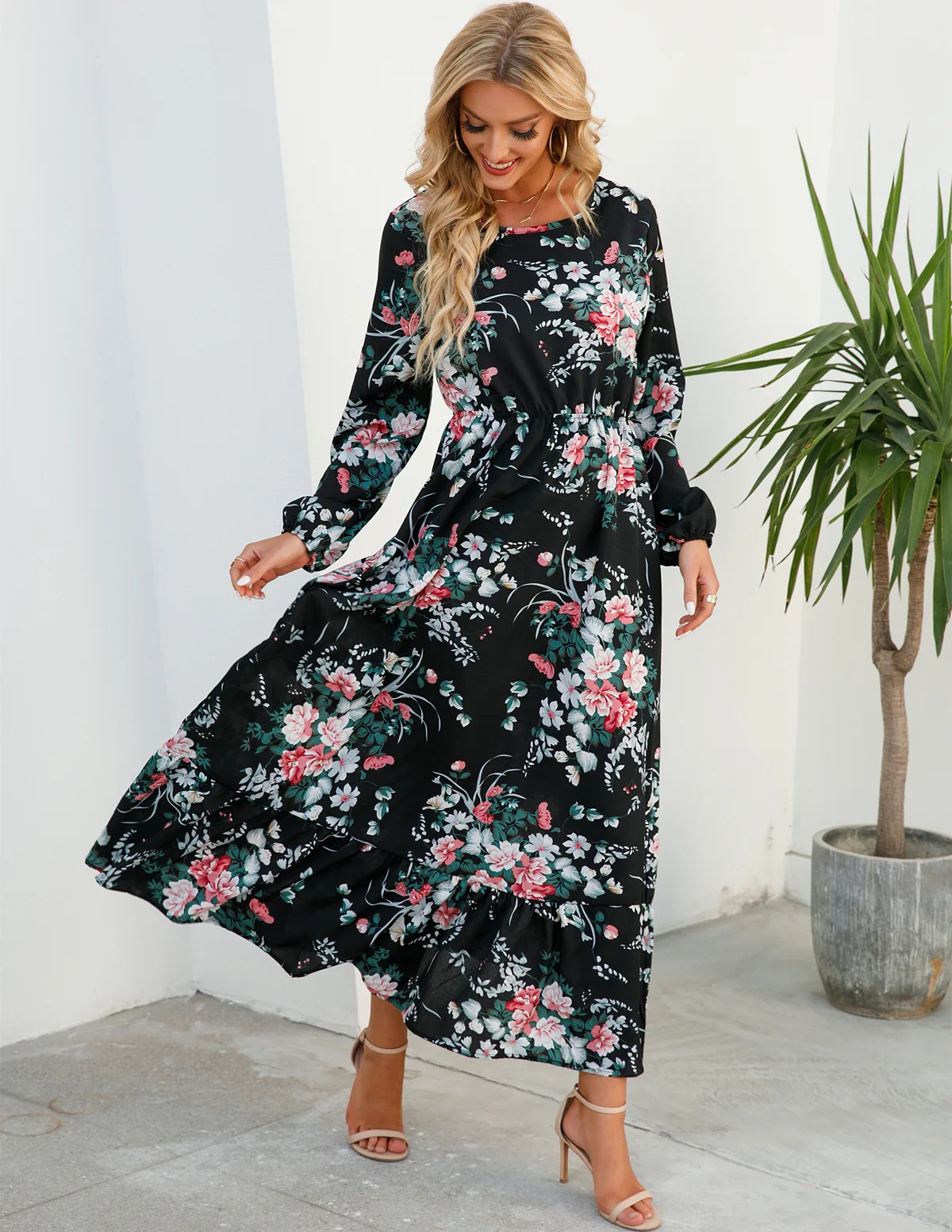 Women Eid Muslim Dresses Tight Waist O Neck Ruffles Spliced Casual Vestidos Flowers Dress Dubai Kaftan Islam Morocco Arab