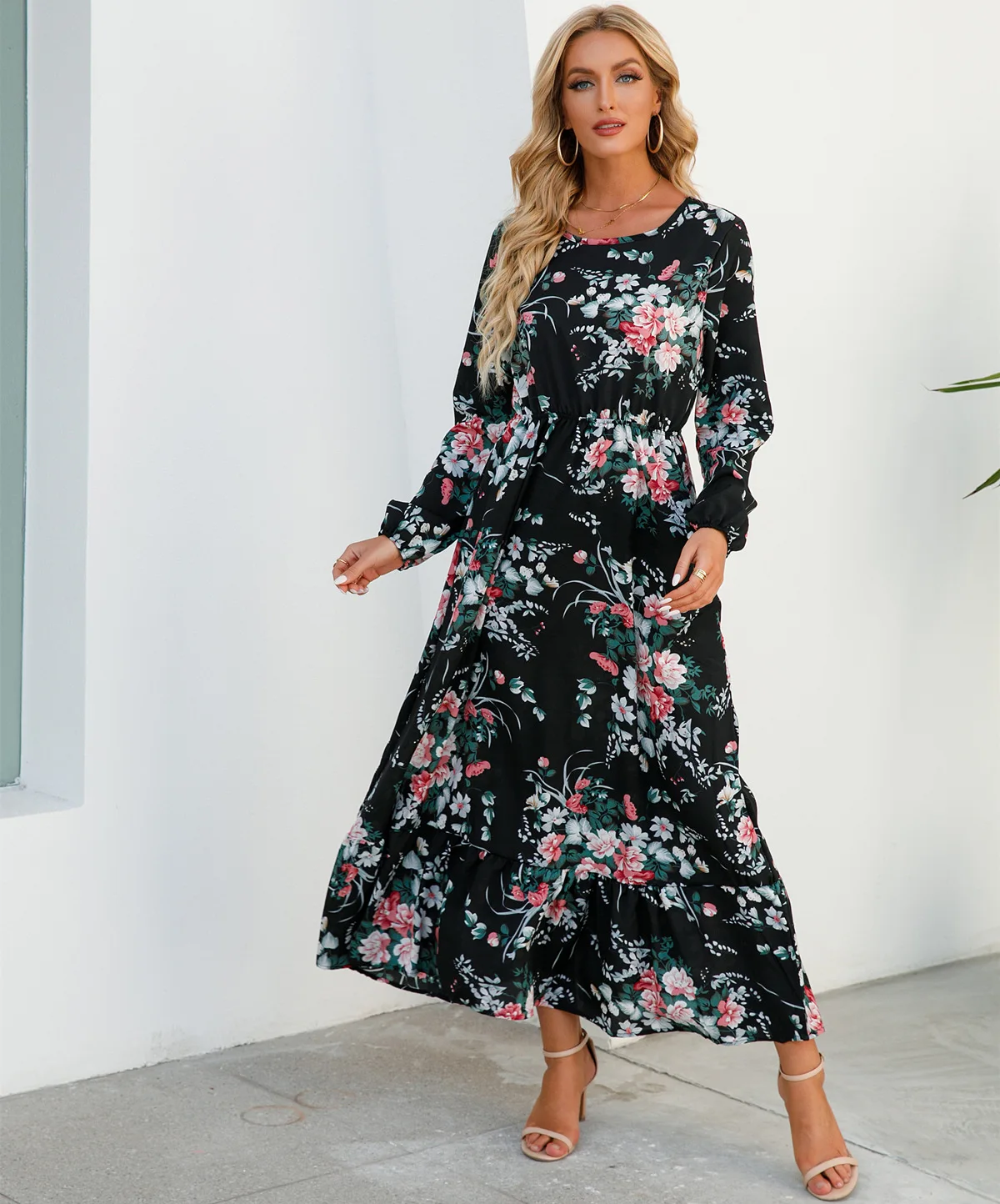 Women Eid Muslim Dresses Tight Waist O Neck Ruffles Spliced Casual Vestidos Flowers Dress Dubai Kaftan Islam Morocco Arab