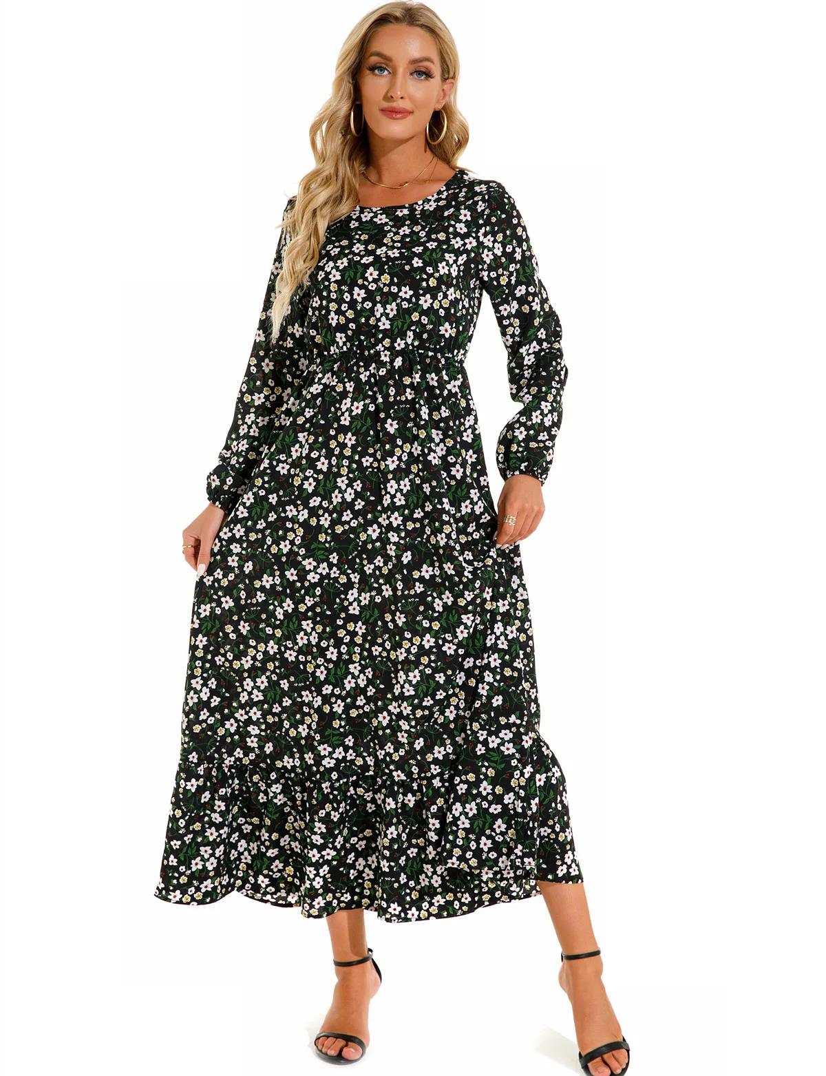 Women Eid Muslim Dresses Tight Waist O Neck Ruffles Spliced Casual Vestidos Flowers Dress Dubai Kaftan Islam Morocco Arab