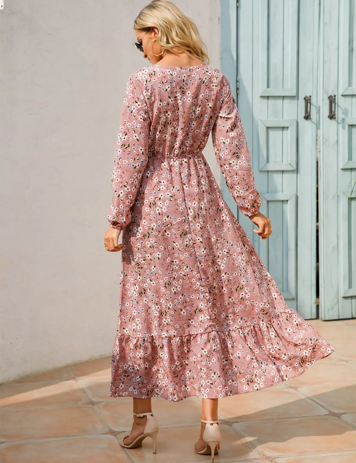 Women Eid Muslim Dresses Tight Waist O Neck Ruffles Spliced Casual Vestidos Flowers Dress Dubai Kaftan Islam Morocco Arab