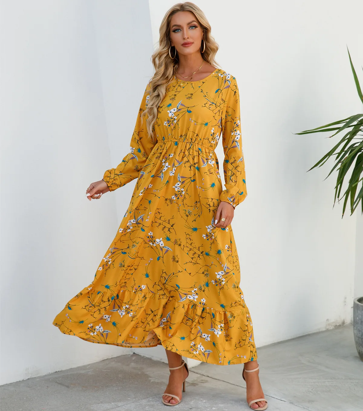 Women Eid Muslim Dresses Tight Waist O Neck Ruffles Spliced Casual Vestidos Flowers Dress Dubai Kaftan Islam Morocco Arab