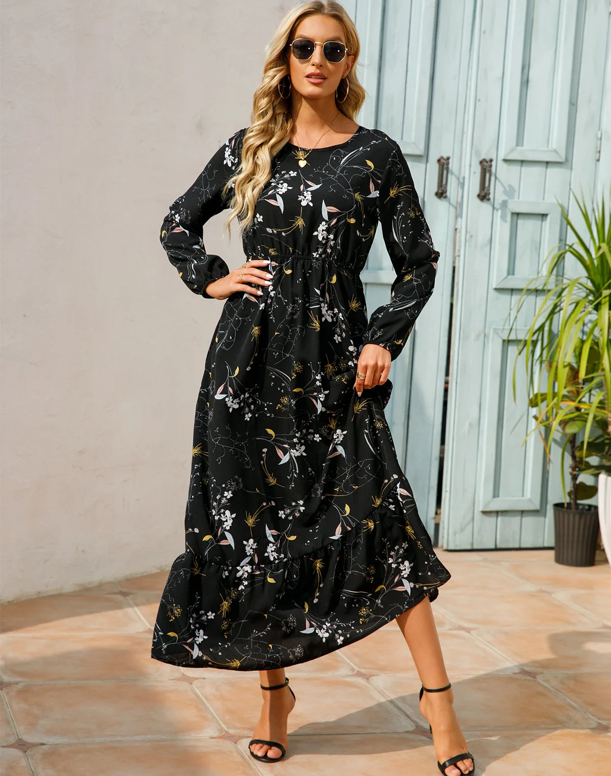 Women Eid Muslim Dresses Tight Waist O Neck Ruffles Spliced Casual Vestidos Flowers Dress Dubai Kaftan Islam Morocco Arab