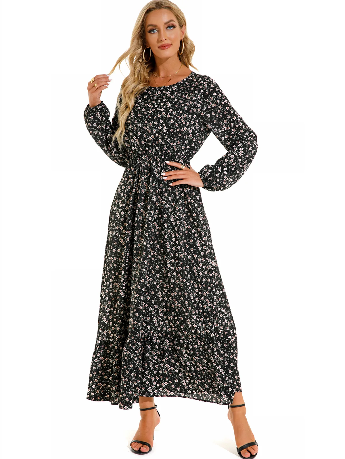 Women Eid Muslim Dresses Tight Waist O Neck Ruffles Spliced Casual Vestidos Flowers Dress Dubai Kaftan Islam Morocco Arab