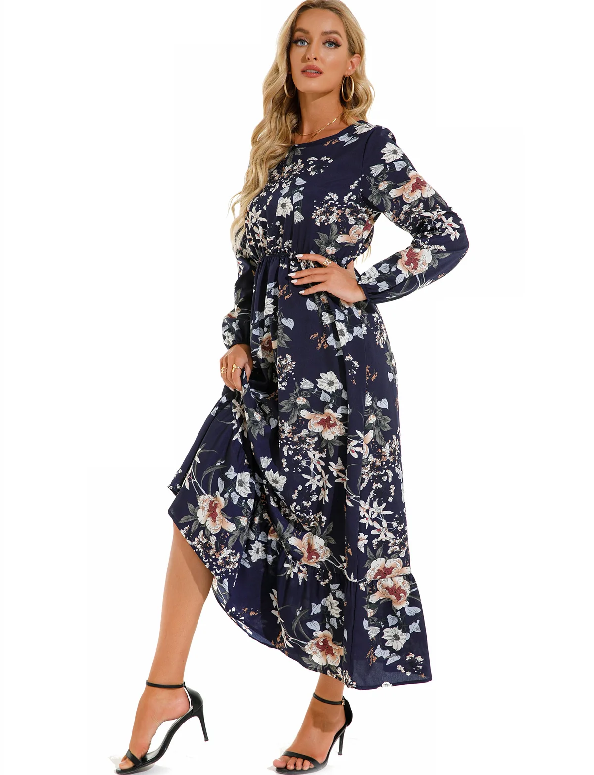 Women Eid Muslim Dresses Tight Waist O Neck Ruffles Spliced Casual Vestidos Flowers Dress Dubai Kaftan Islam Morocco Arab