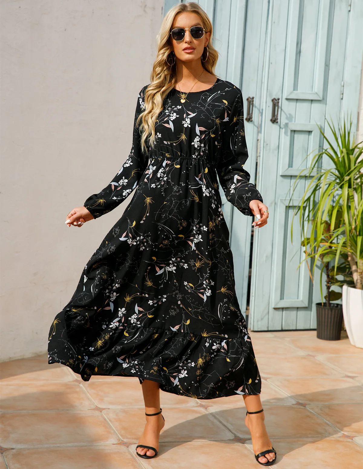 Women Eid Muslim Dresses Tight Waist O Neck Ruffles Spliced Casual Vestidos Flowers Dress Dubai Kaftan Islam Morocco Arab