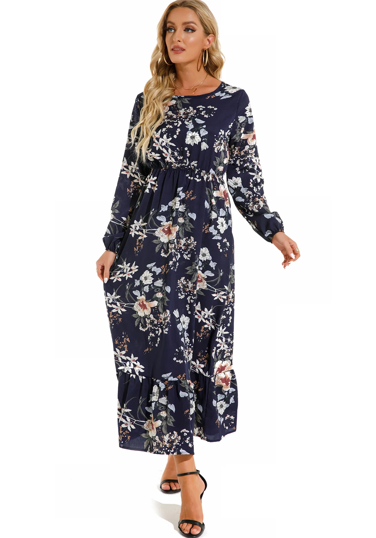 Women Eid Muslim Dresses Tight Waist O Neck Ruffles Spliced Casual Vestidos Flowers Dress Dubai Kaftan Islam Morocco Arab