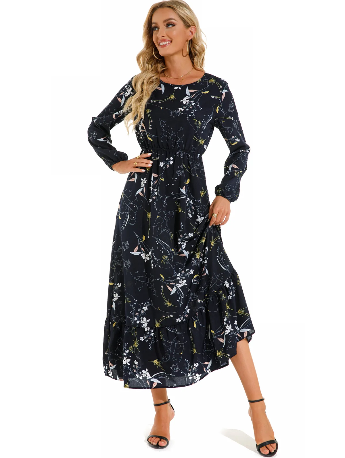 Women Eid Muslim Dresses Tight Waist O Neck Ruffles Spliced Casual Vestidos Flowers Dress Dubai Kaftan Islam Morocco Arab