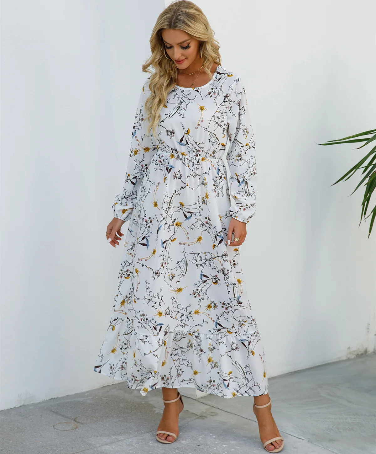 Women Eid Muslim Dresses Tight Waist O Neck Ruffles Spliced Casual Vestidos Flowers Dress Dubai Kaftan Islam Morocco Arab