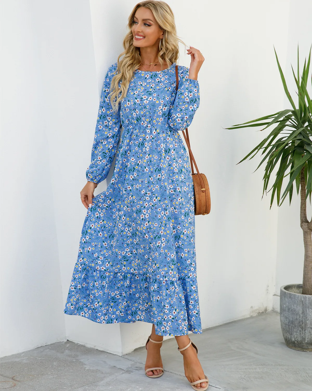 Women Eid Muslim Dresses Tight Waist O Neck Ruffles Spliced Casual Vestidos Flowers Dress Dubai Kaftan Islam Morocco Arab