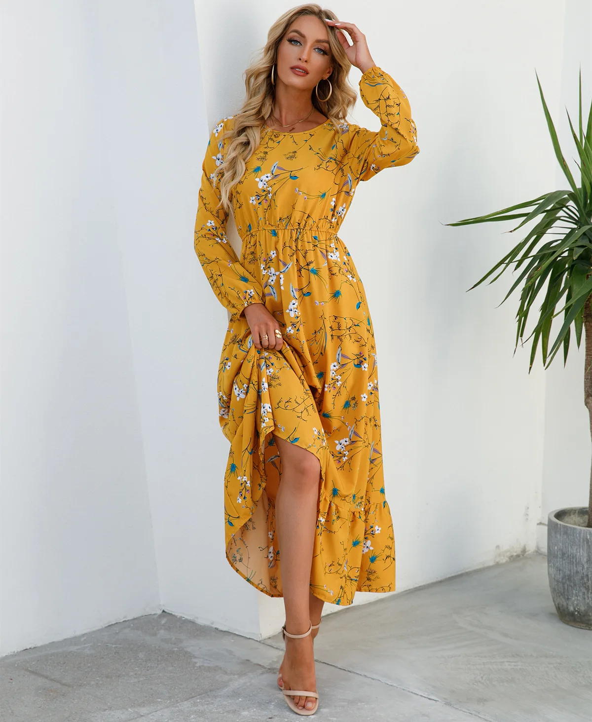 Women Eid Muslim Dresses Tight Waist O Neck Ruffles Spliced Casual Vestidos Flowers Dress Dubai Kaftan Islam Morocco Arab