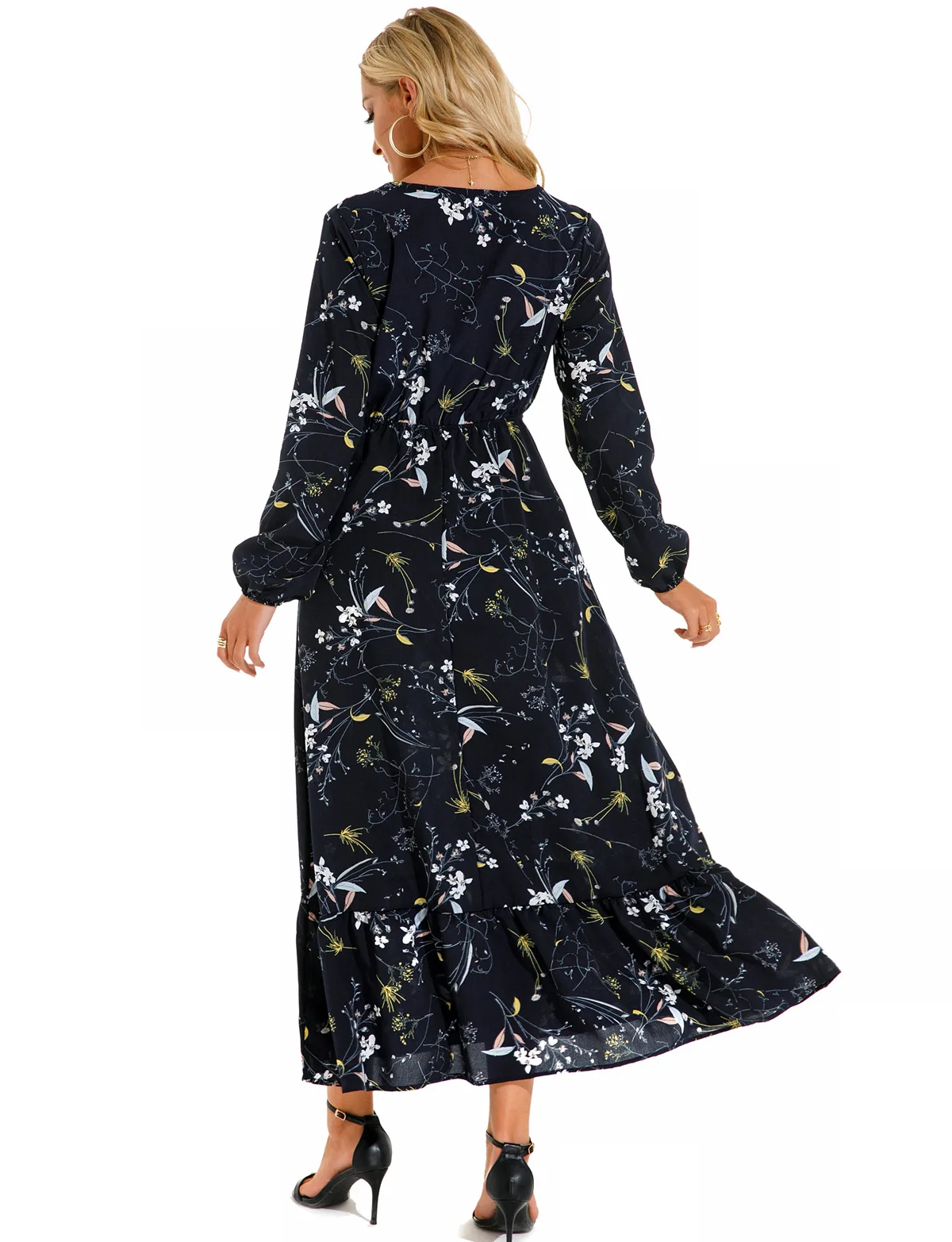 Women Eid Muslim Dresses Tight Waist O Neck Ruffles Spliced Casual Vestidos Flowers Dress Dubai Kaftan Islam Morocco Arab