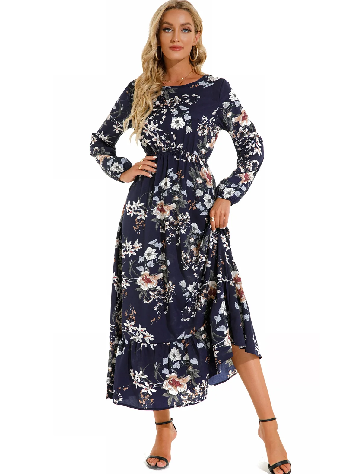 Women Eid Muslim Dresses Tight Waist O Neck Ruffles Spliced Casual Vestidos Flowers Dress Dubai Kaftan Islam Morocco Arab