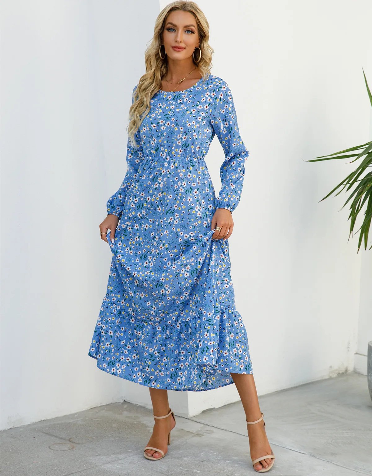 Women Eid Muslim Dresses Tight Waist O Neck Ruffles Spliced Casual Vestidos Flowers Dress Dubai Kaftan Islam Morocco Arab