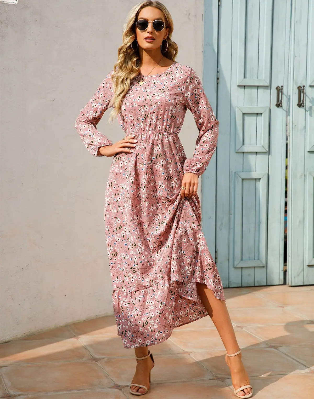 Women Eid Muslim Dresses Tight Waist O Neck Ruffles Spliced Casual Vestidos Flowers Dress Dubai Kaftan Islam Morocco Arab