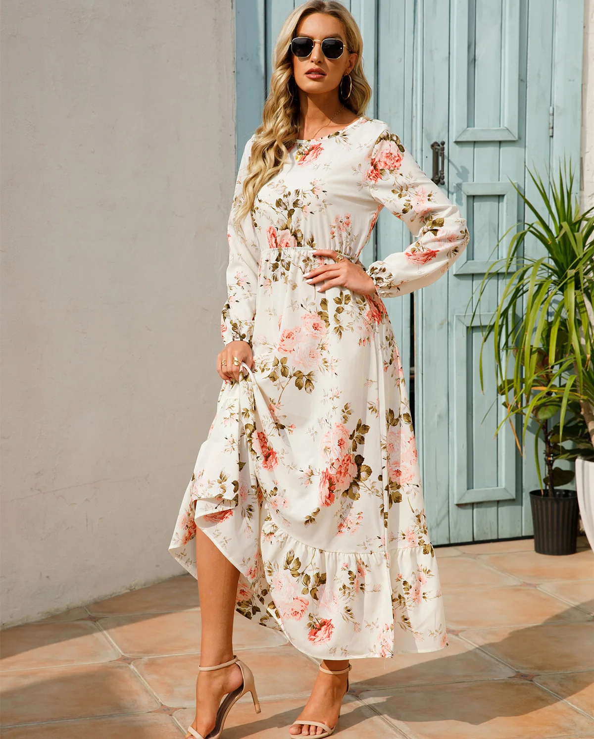 Women Eid Muslim Dresses Tight Waist O Neck Ruffles Spliced Casual Vestidos Flowers Dress Dubai Kaftan Islam Morocco Arab