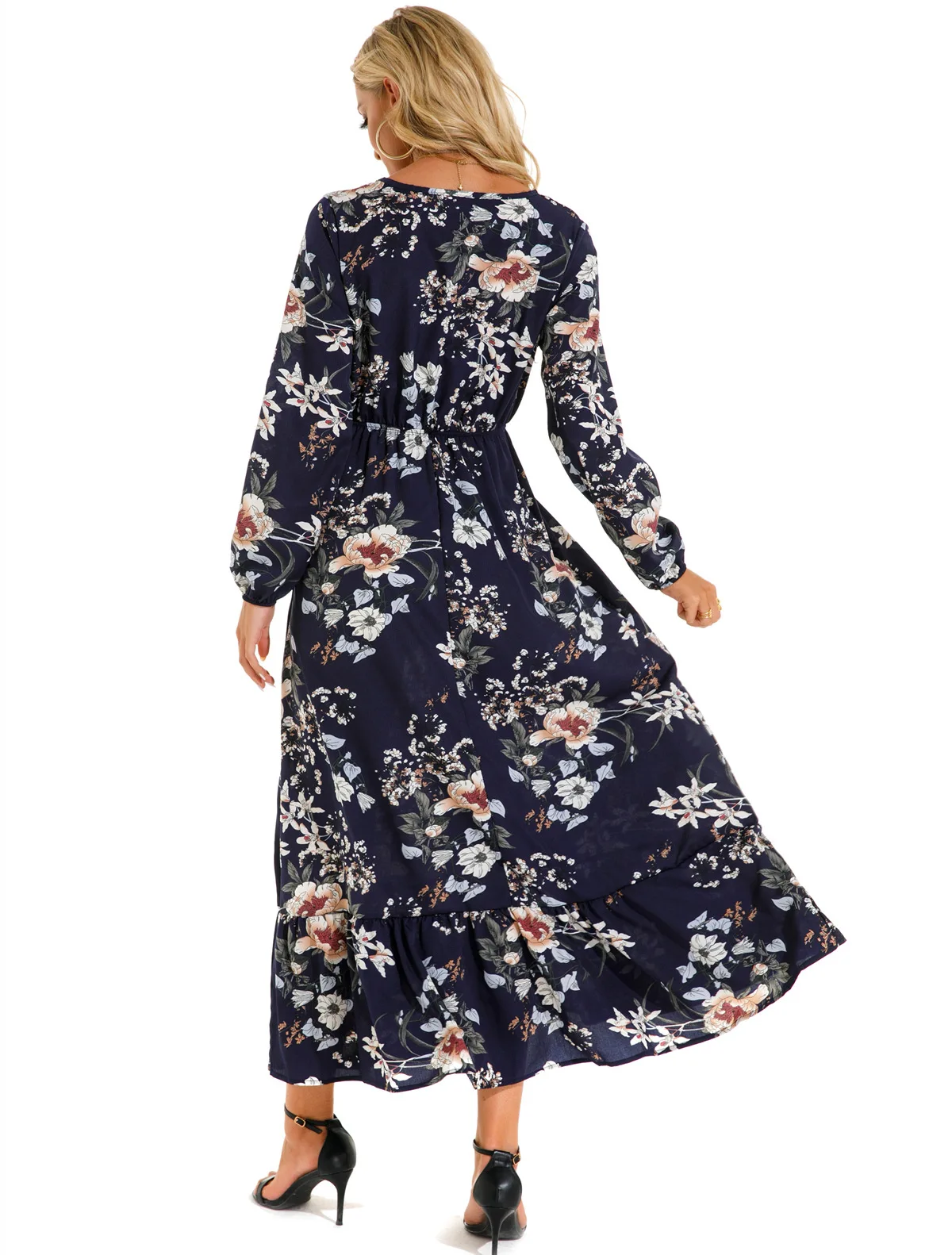 Women Eid Muslim Dresses Tight Waist O Neck Ruffles Spliced Casual Vestidos Flowers Dress Dubai Kaftan Islam Morocco Arab