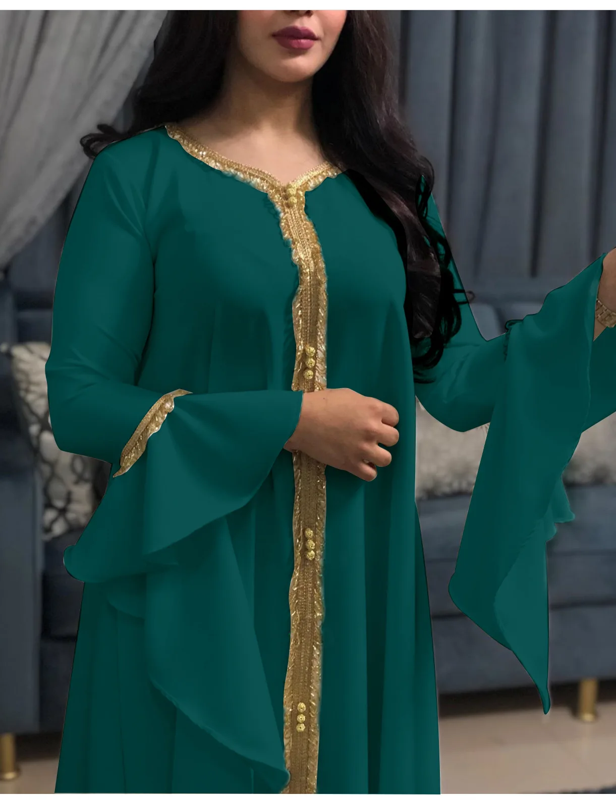 Autumn Modest Muslim Dress for Women Ruffles Sleeve Embroidered Abaya Duabi Arabic Vestidos Moroccon Kaftan Islamic Gown Robe