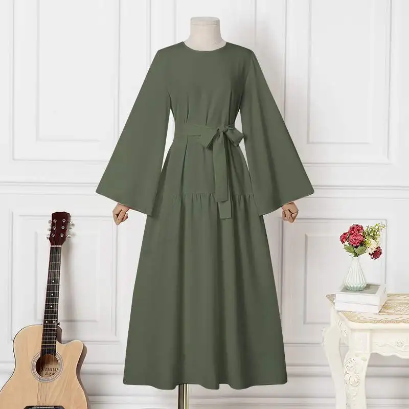 2024 Muslim Fashion Leisure Flared Sleeves with Belt Long Dresses Muslim Dress Women Turkish Abayas Robe Pour Femme Musulmane