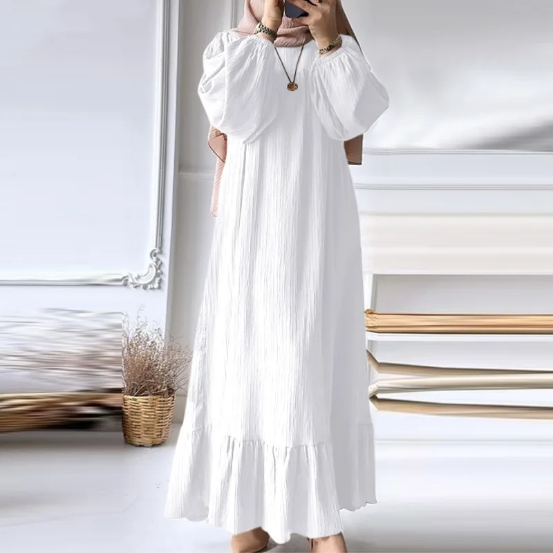 Eid Muslim Dress for Women Vintage Ruffle Hem Abaya Morocco Party Dresses Ramadan Lace-up Kaftan Islam Dubai Arab Long Robe 2024