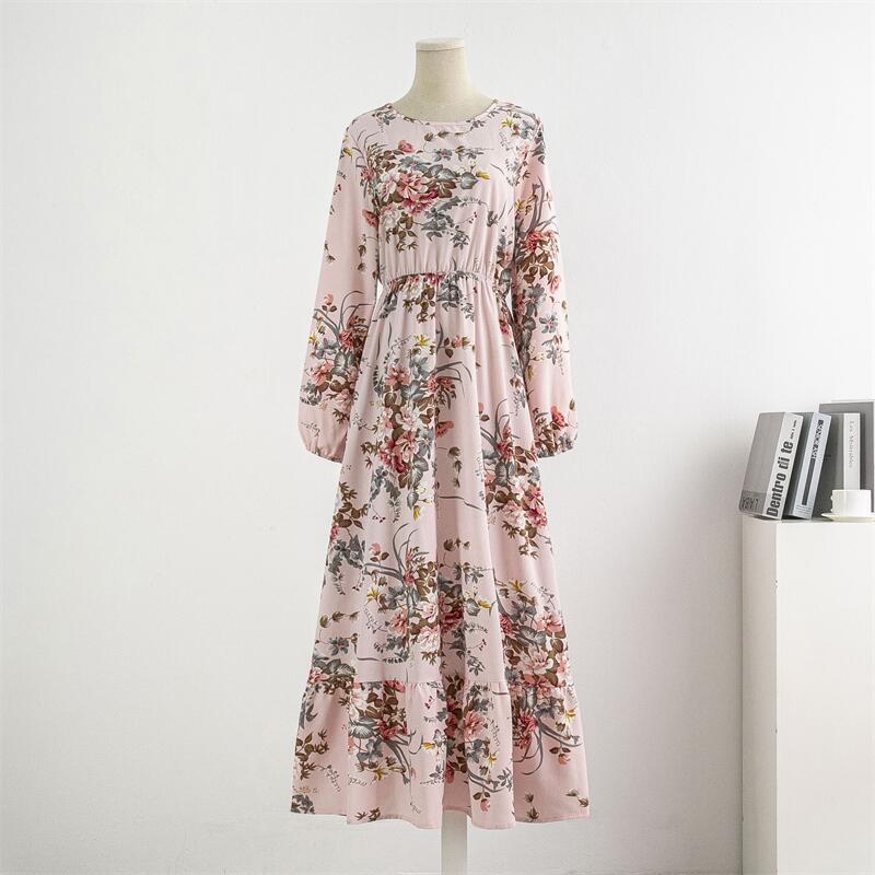 Spring Summer Women Chiffon Dresses Casual Floral Printed Bark Crinkling Long Dresses O-neck Long Sleeve Loose Muslim Maxi Dress