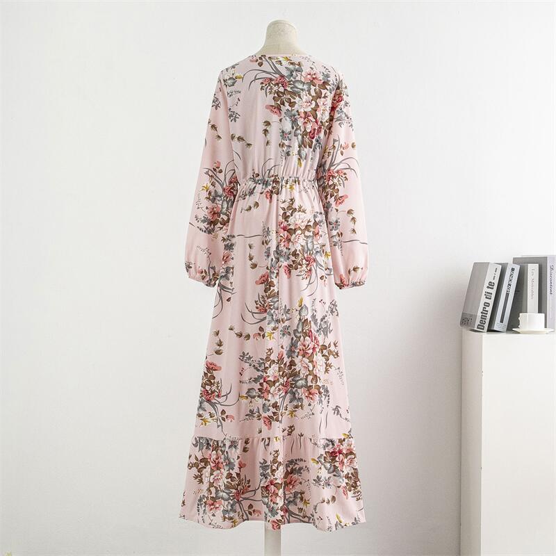 Spring Summer Women Chiffon Dresses Casual Floral Printed Bark Crinkling Long Dresses O-neck Long Sleeve Loose Muslim Maxi Dress