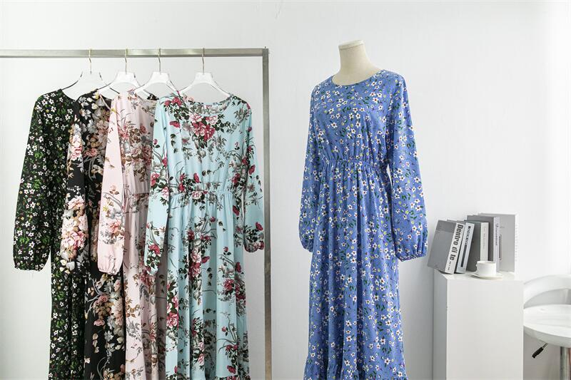 Spring Summer Women Chiffon Dresses Casual Floral Printed Bark Crinkling Long Dresses O-neck Long Sleeve Loose Muslim Maxi Dress