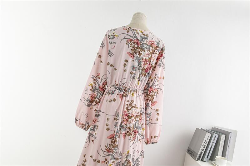 Spring Summer Women Chiffon Dresses Casual Floral Printed Bark Crinkling Long Dresses O-neck Long Sleeve Loose Muslim Maxi Dress