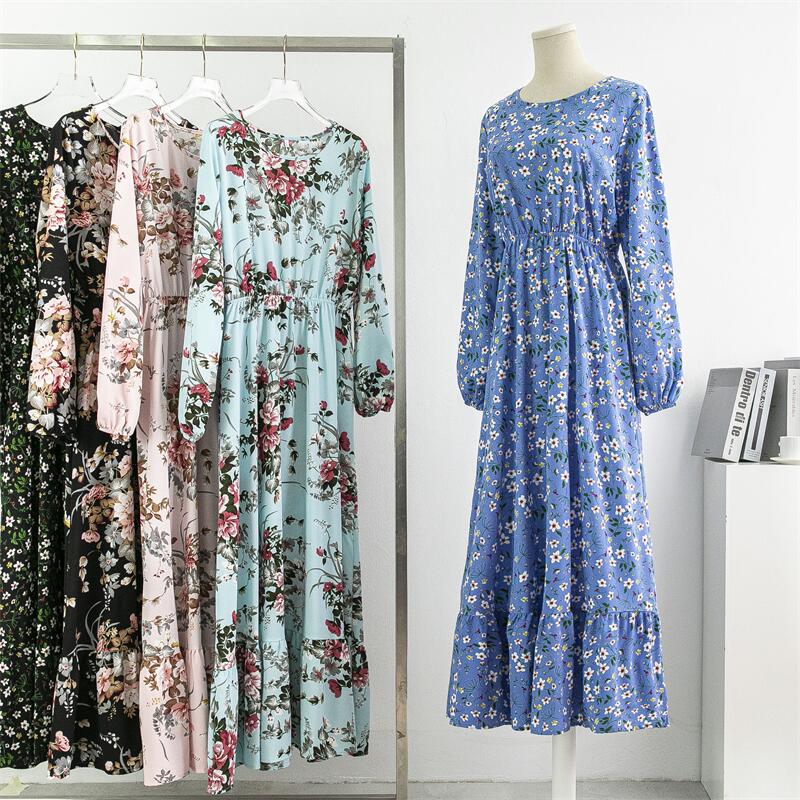 Spring Summer Women Chiffon Dresses Casual Floral Printed Bark Crinkling Long Dresses O-neck Long Sleeve Loose Muslim Maxi Dress