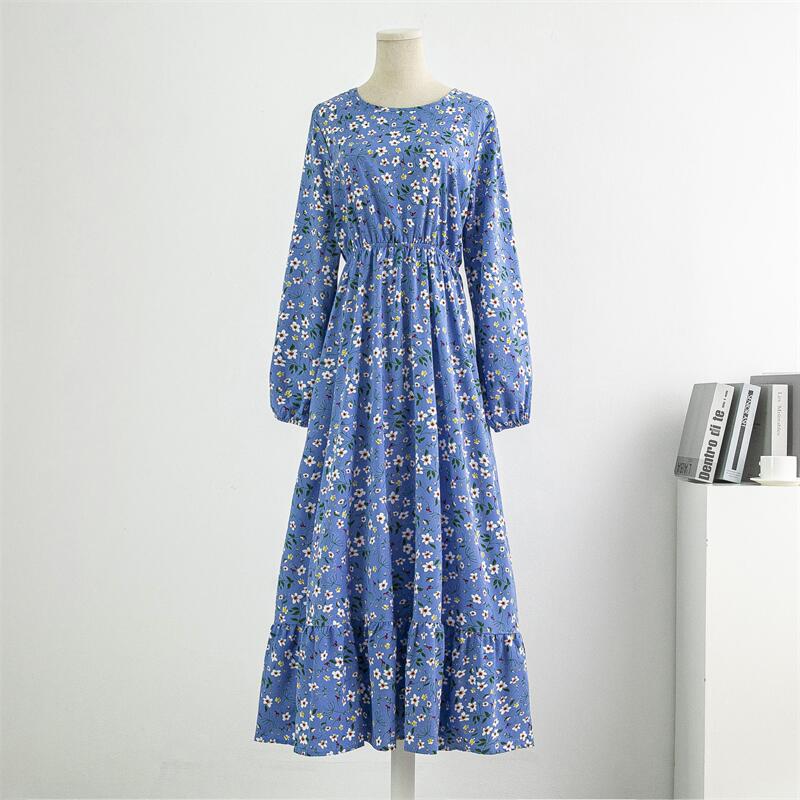 Spring Summer Women Chiffon Dresses Casual Floral Printed Bark Crinkling Long Dresses O-neck Long Sleeve Loose Muslim Maxi Dress