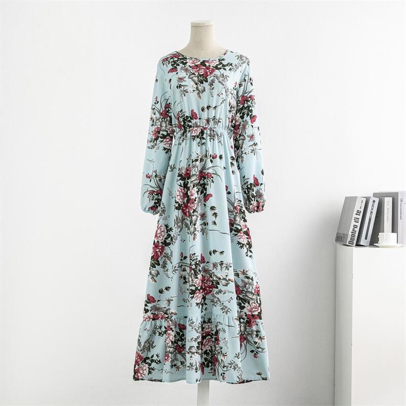 Spring Summer Women Chiffon Dresses Casual Floral Printed Bark Crinkling Long Dresses O-neck Long Sleeve Loose Muslim Maxi Dress