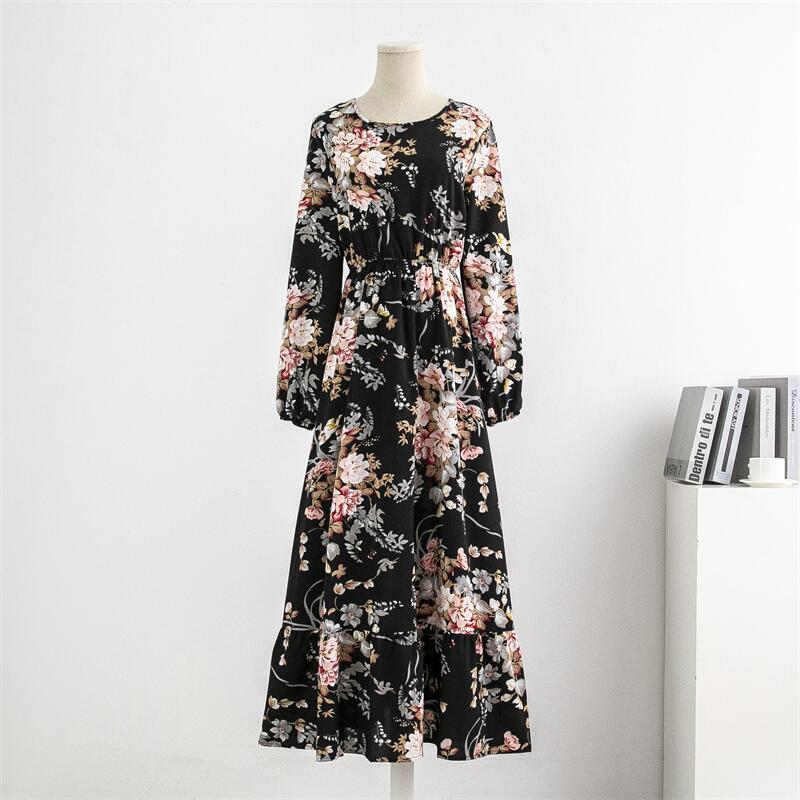 Spring Summer Women Chiffon Dresses Casual Floral Printed Bark Crinkling Long Dresses O-neck Long Sleeve Loose Muslim Maxi Dress