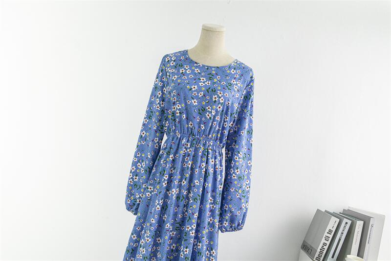 Spring Summer Women Chiffon Dresses Casual Floral Printed Bark Crinkling Long Dresses O-neck Long Sleeve Loose Muslim Maxi Dress