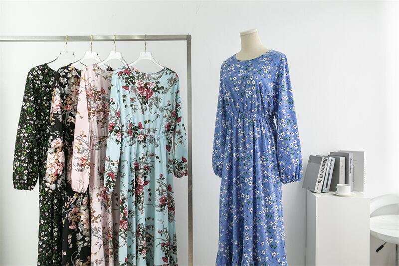 Spring Summer Women Chiffon Dresses Casual Floral Printed Bark Crinkling Long Dresses O-neck Long Sleeve Loose Muslim Maxi Dress