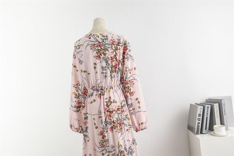 Spring Summer Women Chiffon Dresses Casual Floral Printed Bark Crinkling Long Dresses O-neck Long Sleeve Loose Muslim Maxi Dress